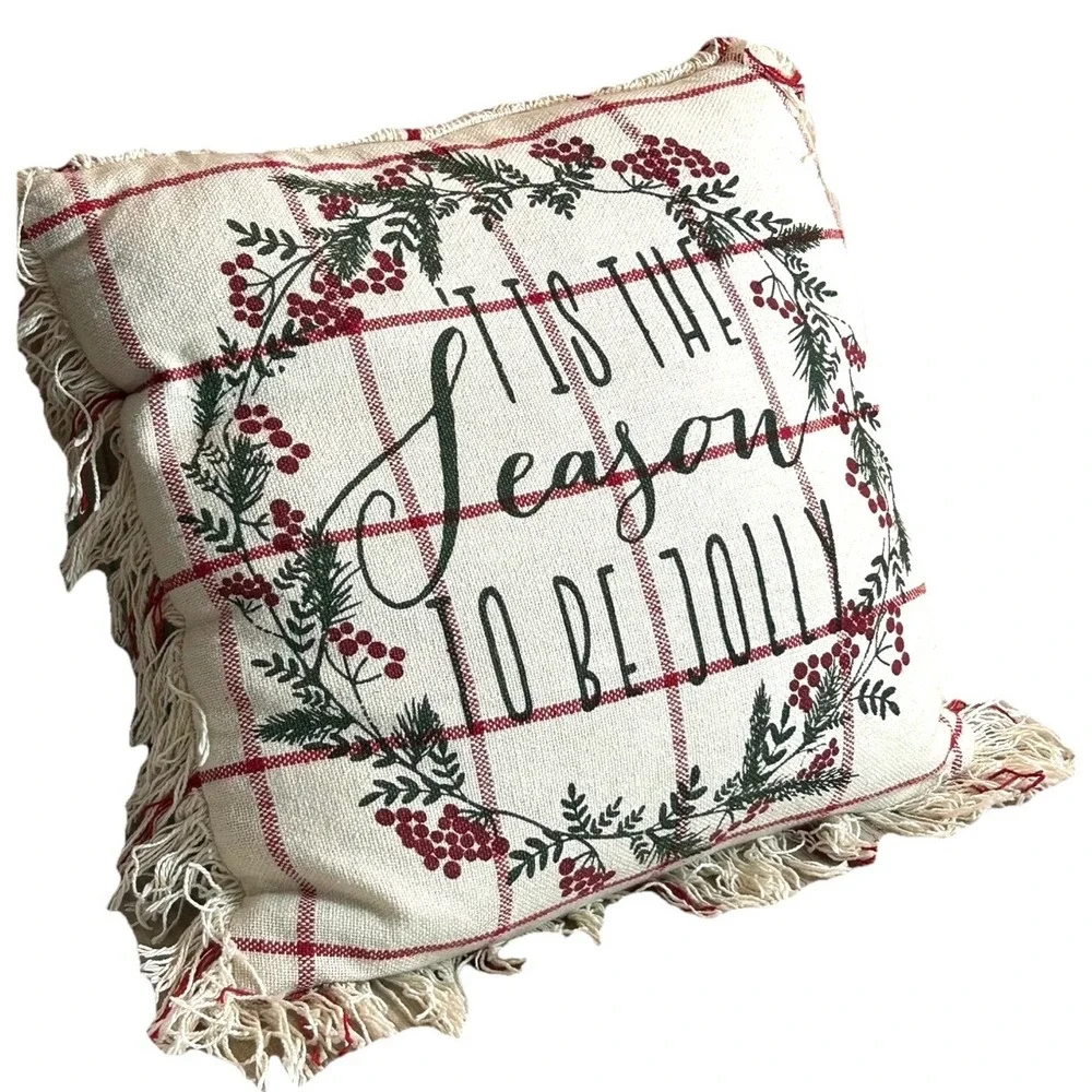 Christmas Throw Pillow Tis The Season Jolly Holly Maroon Berries ZIPS 19